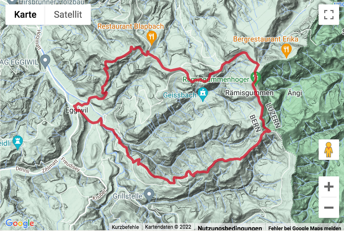 Carte de situation avec l'itinéraire pour la Wanderung von Eggiwil auf die Alp Rämisgummen