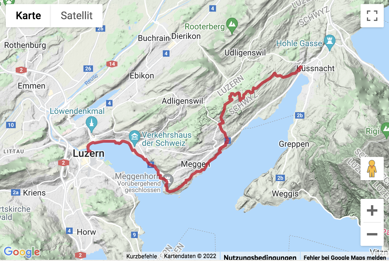 Carte de situation Rando sur le chemin des Quatre Cantons de Küssnacht à Lucerne
