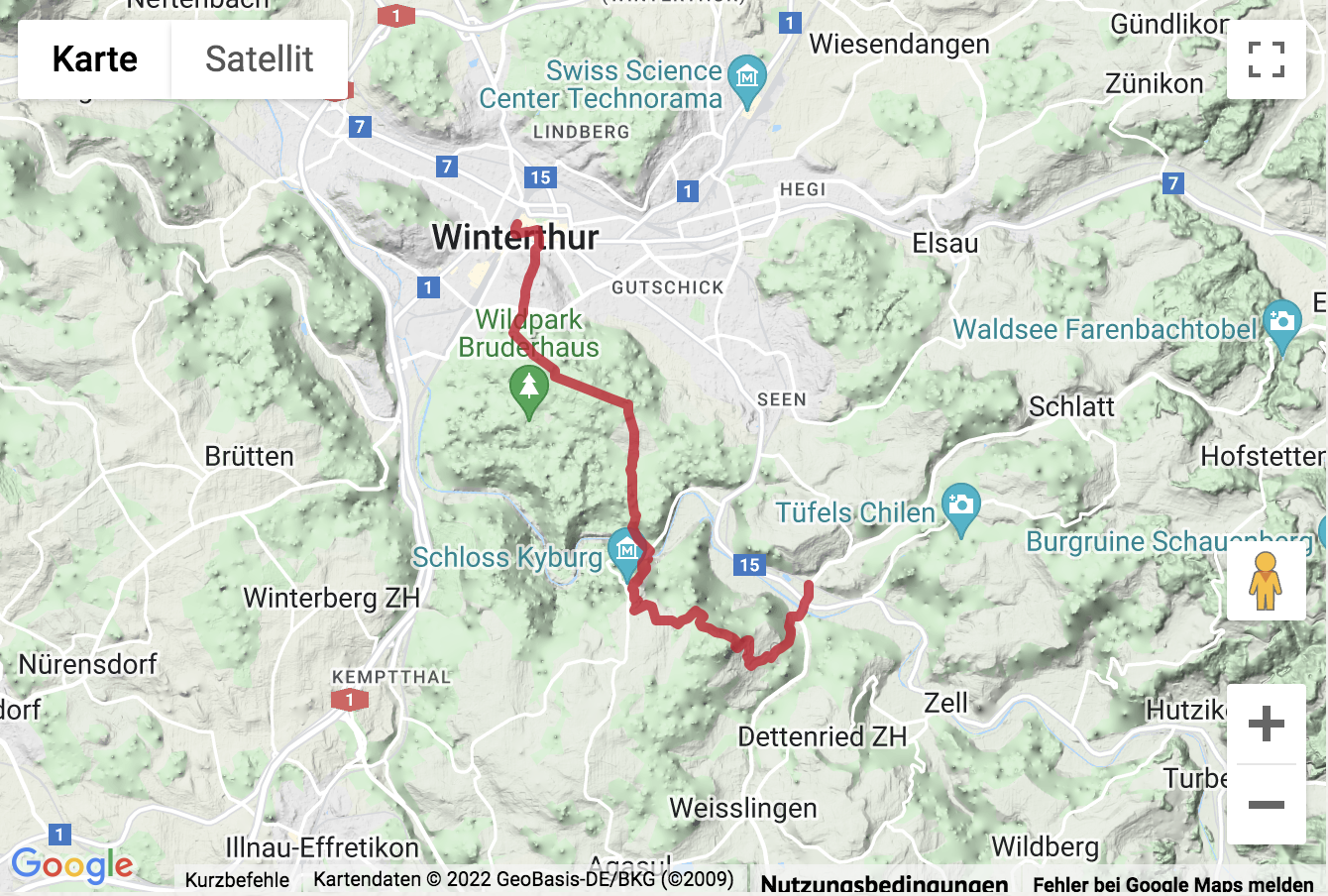 Carte de situation Randonnée depuis Tösstal, en passant par Kyburg jusqu'à Winterthur