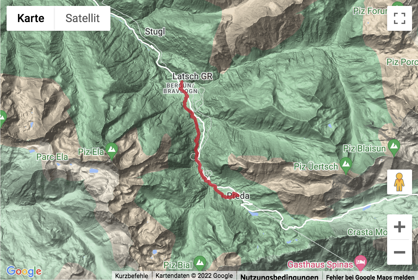 Übersichts-Routenkarte für die Wanderung auf dem Bahnerlebnisweg Albula