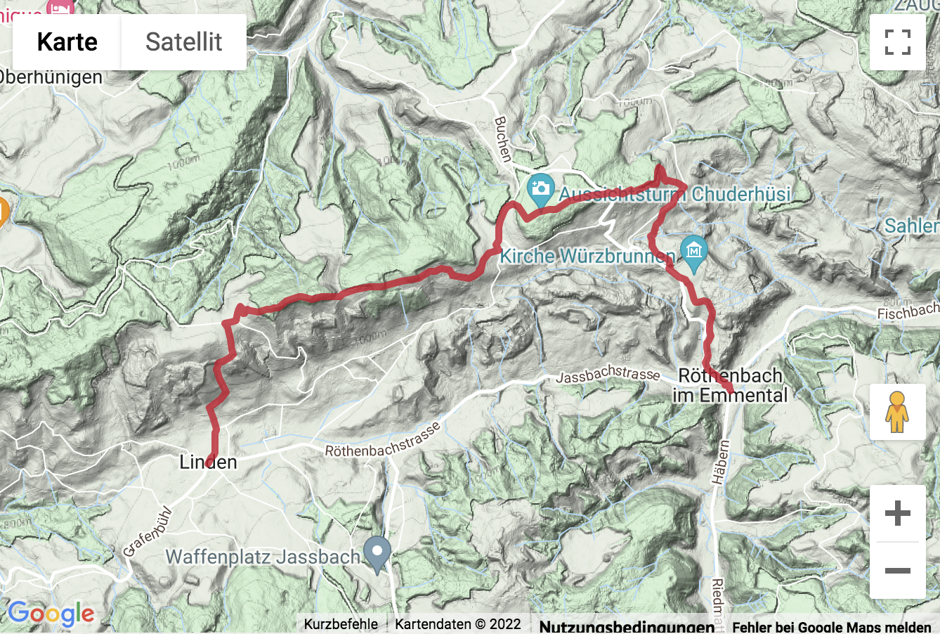 Carte de situation avec l'itinéraire pour la Wanderung von Röthenbach im Emmental nach Linden