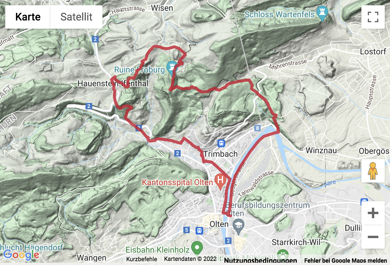 Carte de situation avec l'itinéraire pour la Wanderung von Olten hinauf zur Ruine Froburg
