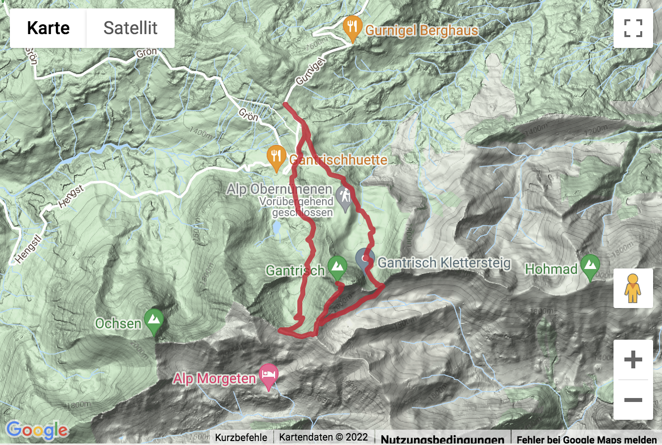 Carte de situation avec l'itinéraire pour la Randonnée du sommet du Gurnigel au Gantrisch (2'175 m)