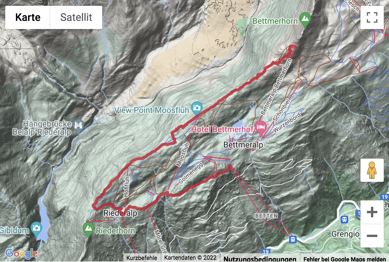 Carte de situation avec l'itinéraire pour la Randonnée de montagne de la Bettmeralp sur le Bettmerhorn