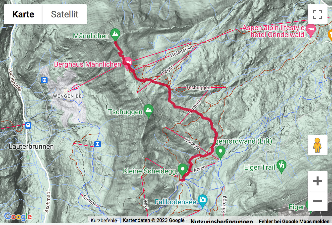 Carte de situation avec l'itinéraire pour la Randonnée hivernale du Männlichen à la Kleine Scheidegg