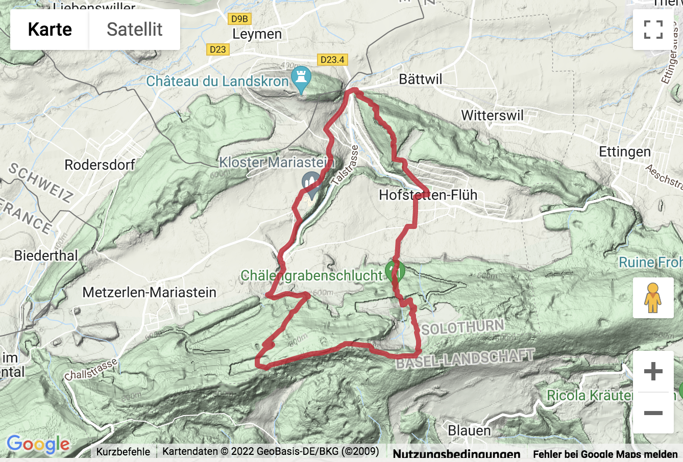 Carte de situation avec l'itinéraire pour la Randonnée de Flüh au col du Blauen