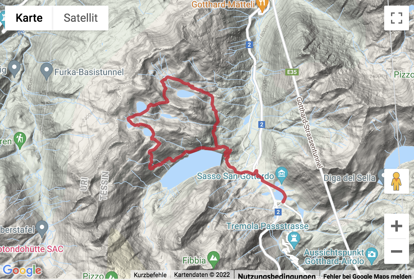 Carte de situation avec l'itinéraire pour la Randonnée aux cinq lacs dans la région du col du Gothard