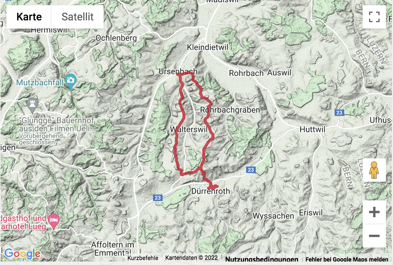 Carte de situation avec l'itinéraire pour la Rundwanderung bei Dürrenroth im Emmental