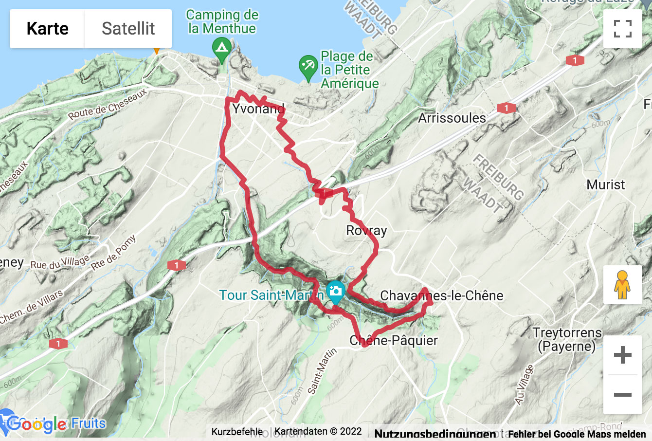 Carte de situation avec l'itinéraire pour la Randonnée de Yvonand au Vallon des Vaux