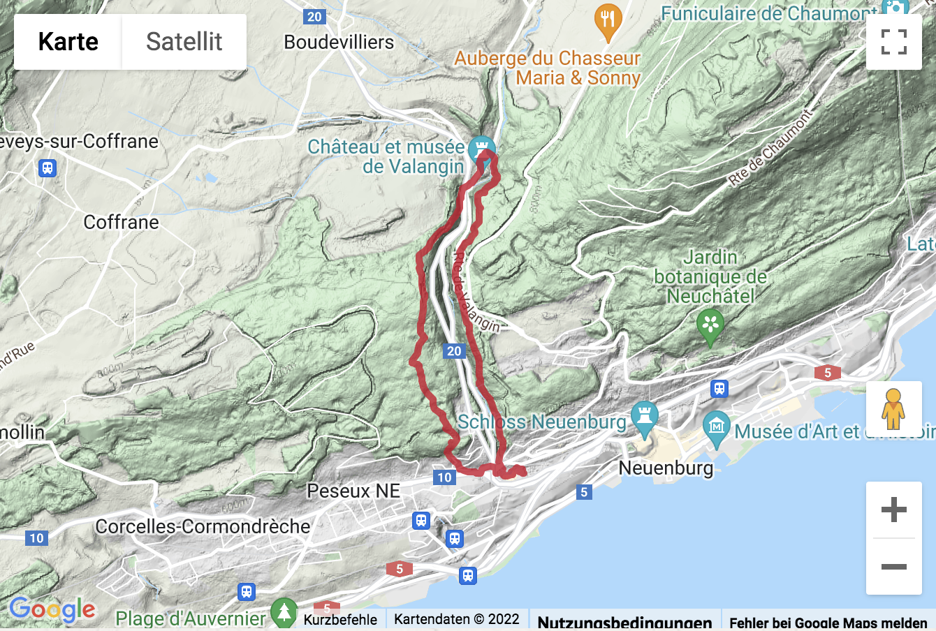 Carte de situation avec l'itinéraire pour la Balade de Valangin au Gor du Vauseyon