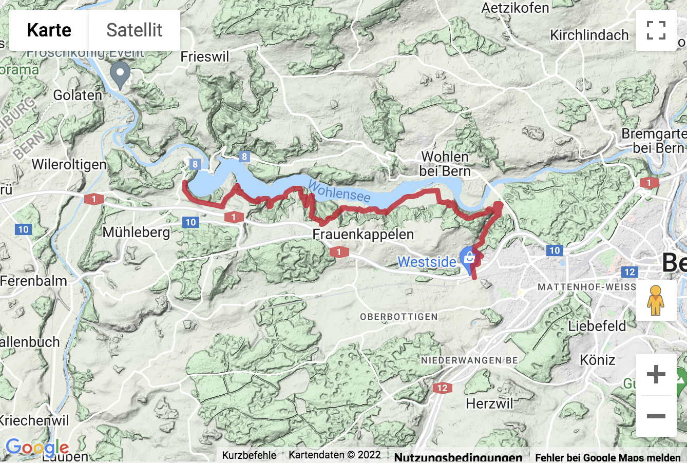 Carte de situation avec l'itinéraire pour la Randonnée le long du lac de Wohlen