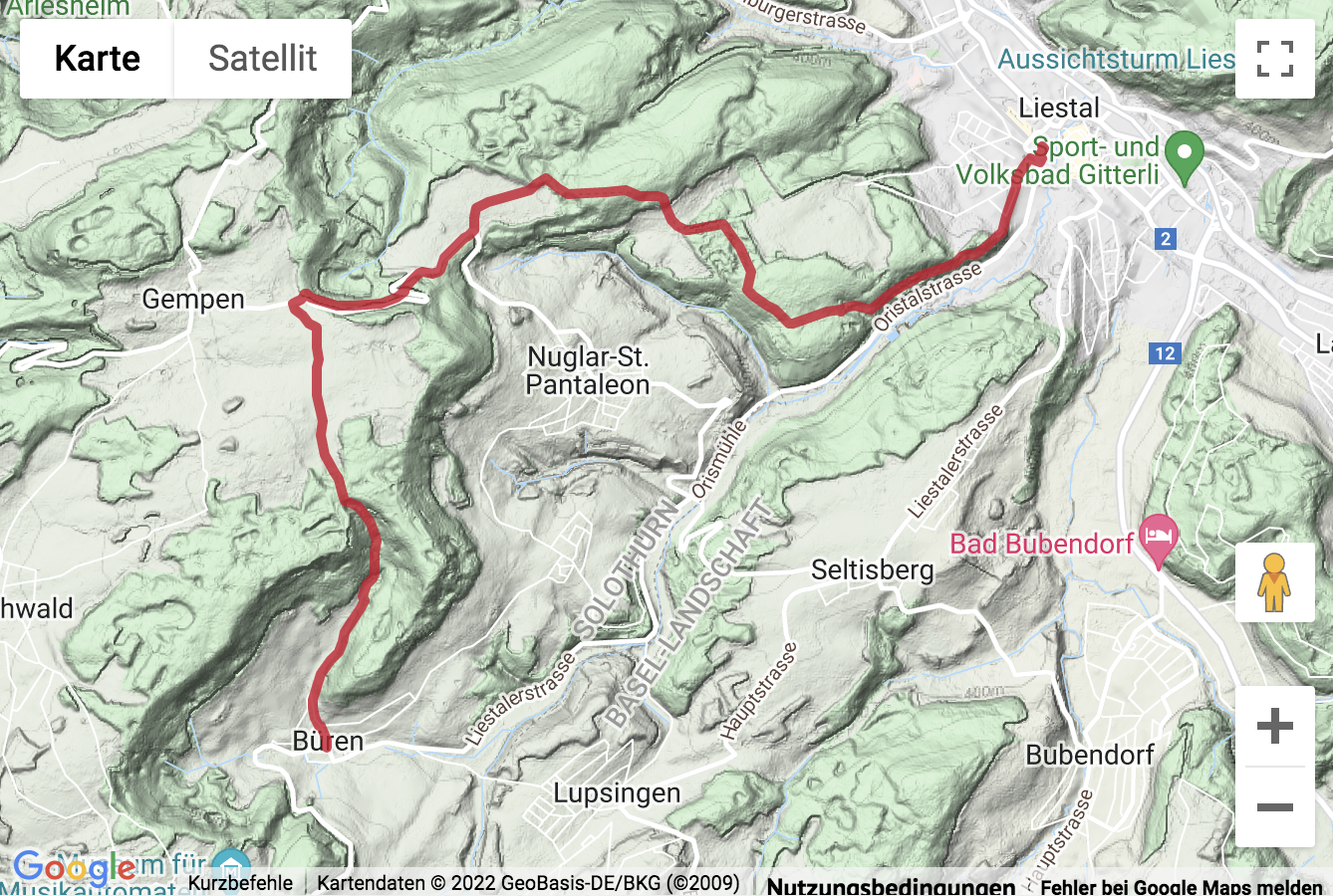 Übersichts-Routenkarte für die Rando à travers le Schwarzbubenland jusqu'à Liestal