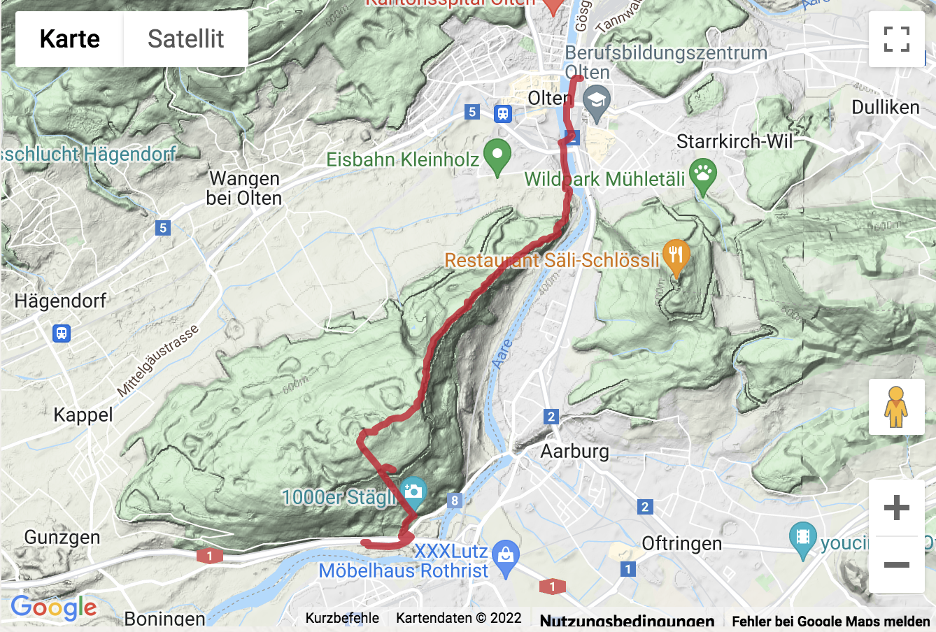 Carte de situation avec l'itinéraire pour la Wanderung über das «1000er-Stägli» auf den Born