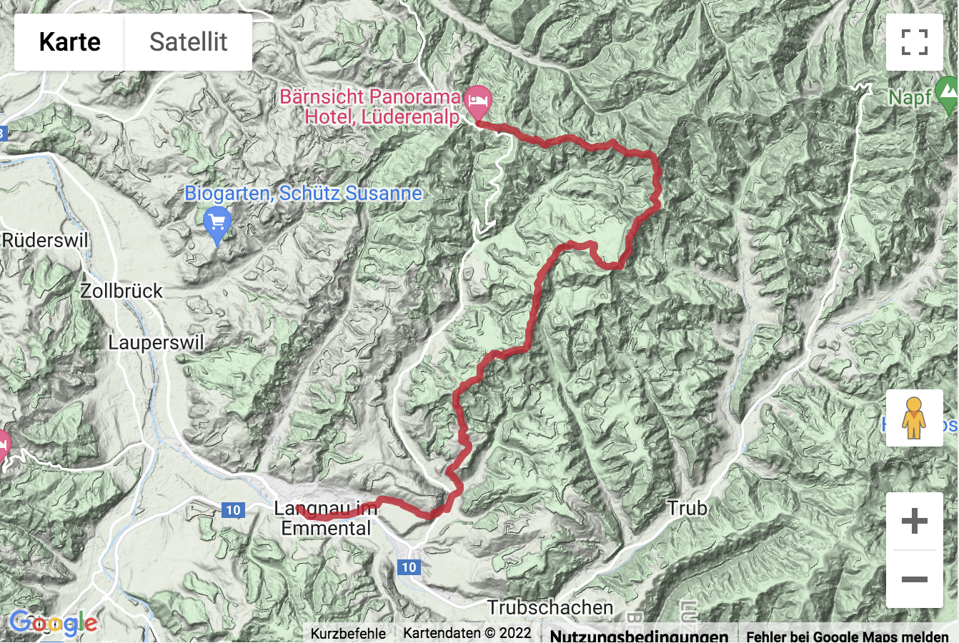 Carte de situation avec l'itinéraire pour la Höhenwanderung von der Lüdernalp nach Langnau