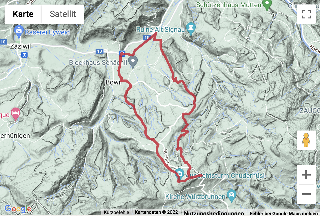 Carte de situation avec l'itinéraire pour la Ronde de Bowil au Chuderhüsi