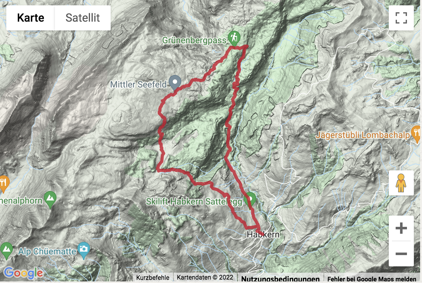 Carte de situation avec l'itinéraire pour la Randonnée depuis Habkern par le col du Grünenberg