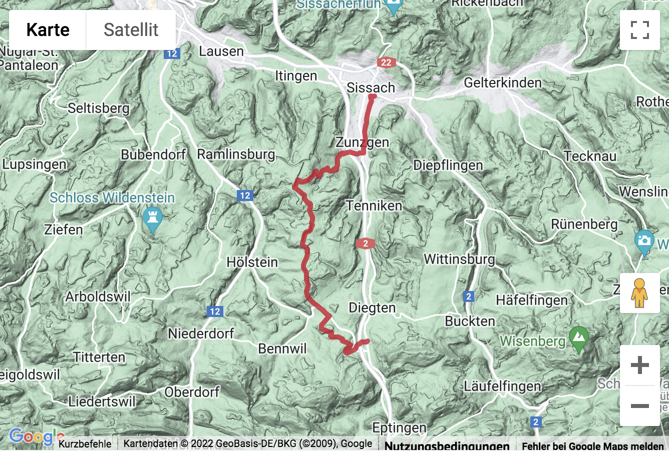 Carte de situation avec l'itinéraire pour la Randonnée panoramique dans le Jura bâlois