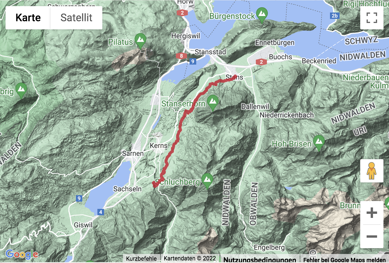 Carte de situation avec l'itinéraire pour la Sur le chemin de Saint-Jacques de Stans à Flüeli-Ranft