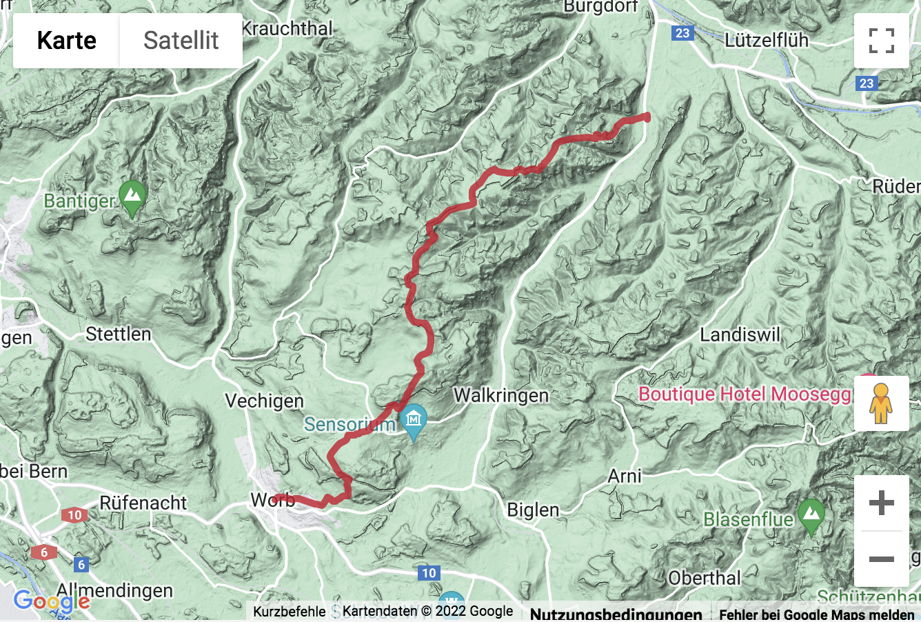 Carte de situation avec l'itinéraire pour la Panoramawanderung über den Worbberg