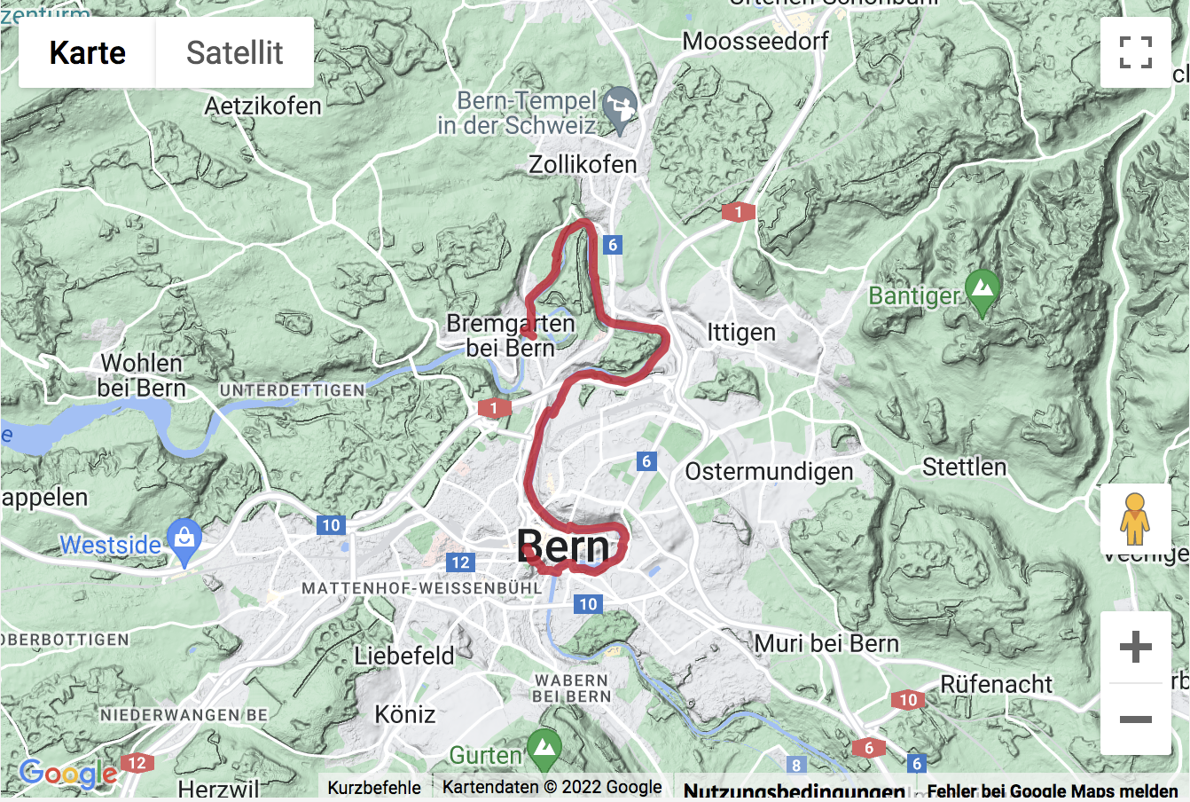 Übersichts-Routenkarte für die Stadtwanderung vom Hauptbahnhof Bern zum Felsenau