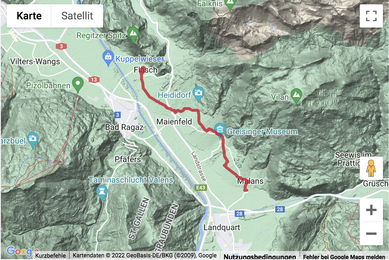 Carte de situation avec l'itinéraire pour la Randonnée à travers les vignobles de la Bündner Herrschaft