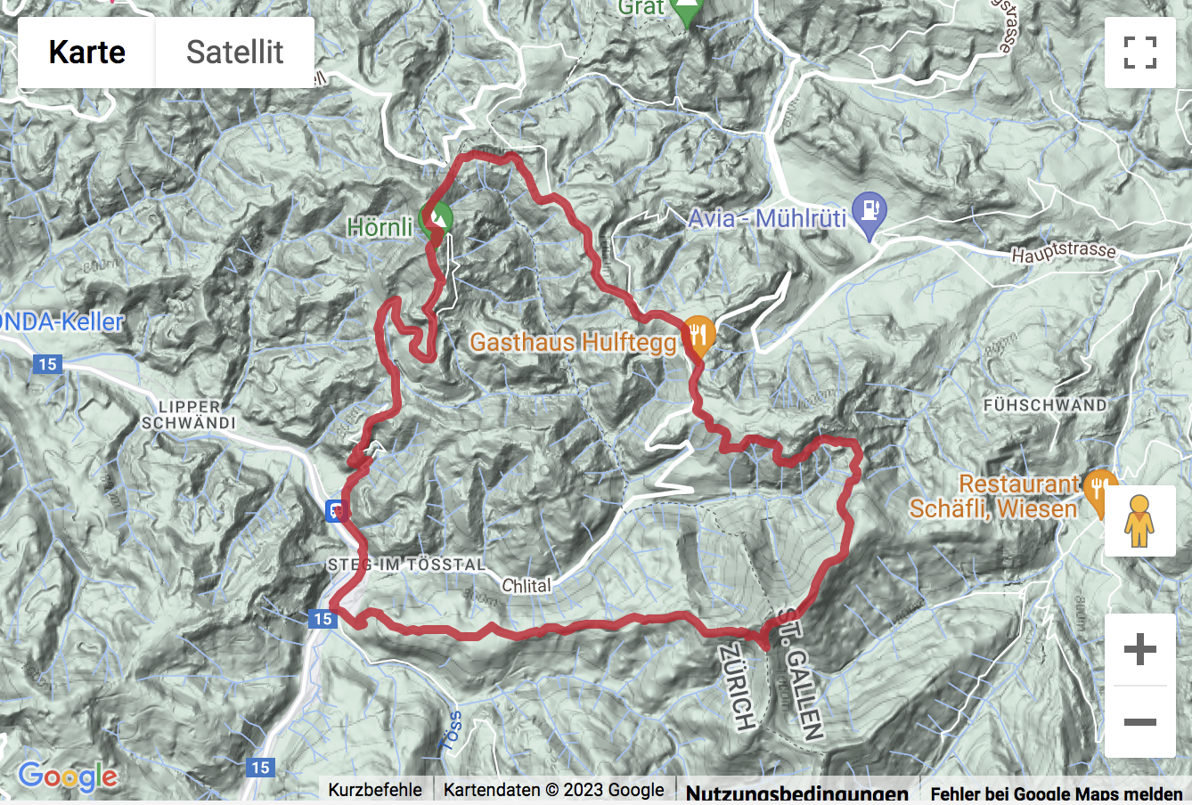Übersichts-Routenkarte für die Rundwanderung vom Tösstal über die Hulftegg aufs Hörnli