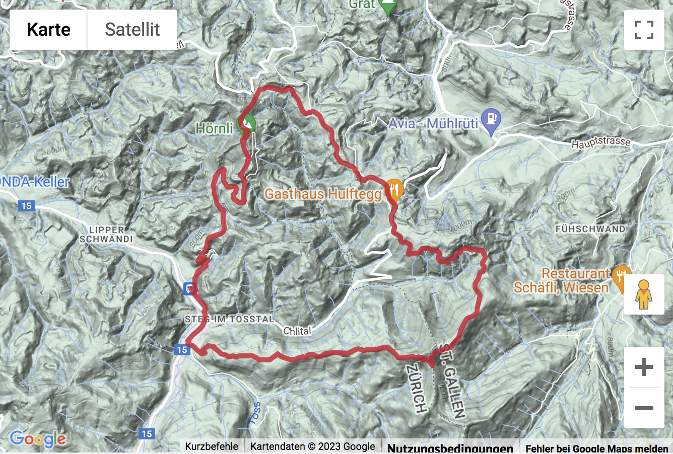 Carte de situation avec l'itinéraire pour la Ronde depuis le Tösstal par Hulftegg sur le Hörnli