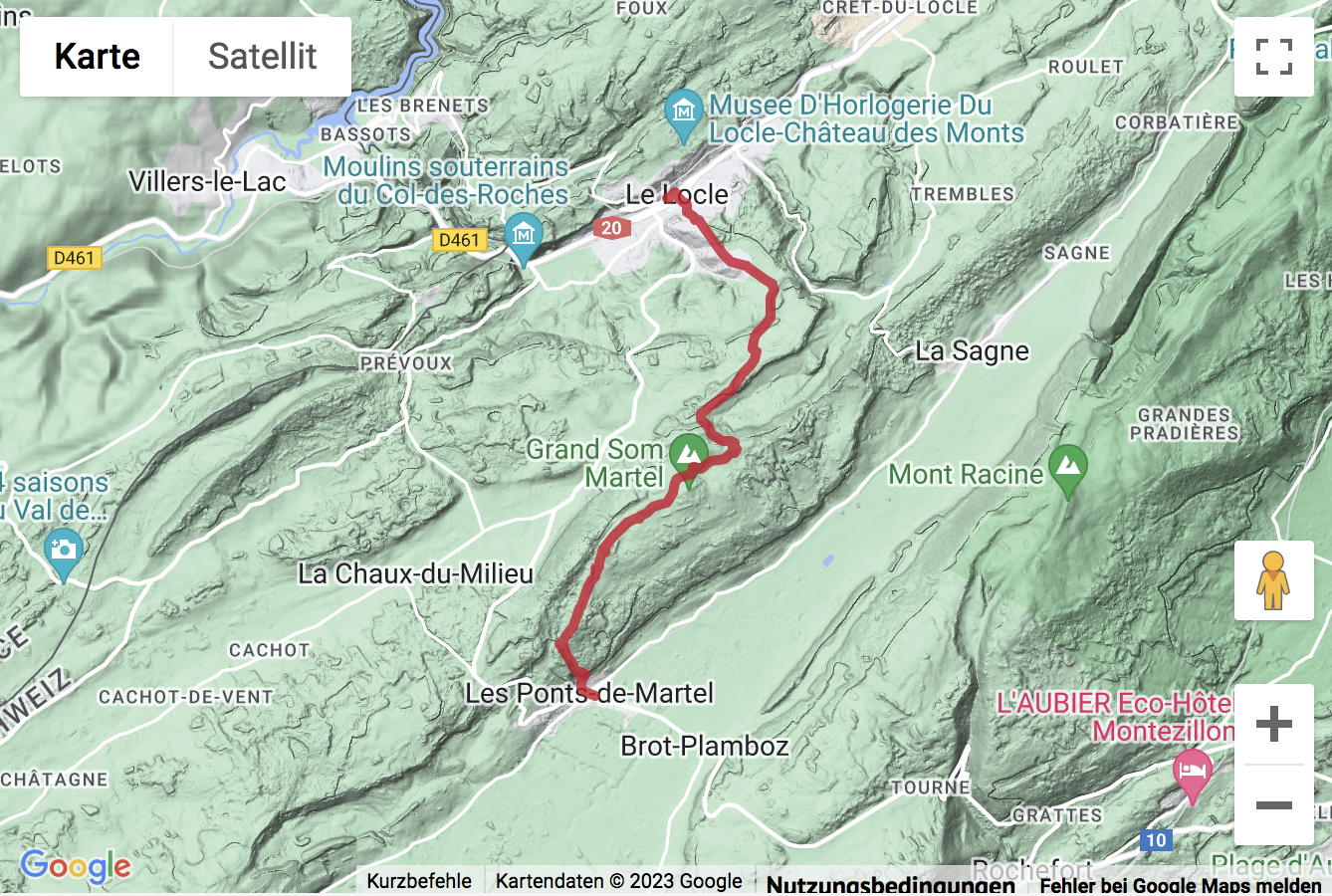 Carte de situation avec l'itinéraire pour la Randonnée depuis Les Ponts-de-Martel jusqu'au Locle