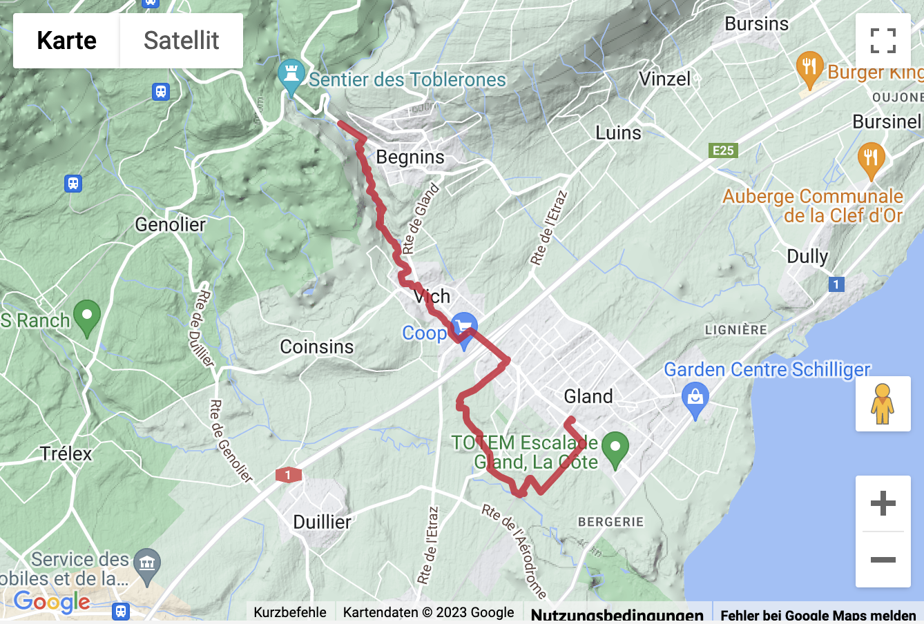 Carte de situation avec l'itinéraire pour la Randonnée au « Sentier des Toblerones »