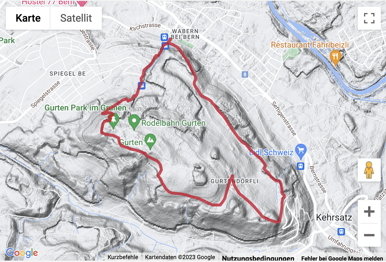 Übersichts-Routenkarte für die Wanderung von Wabern auf den Berner Hausberg Gurten