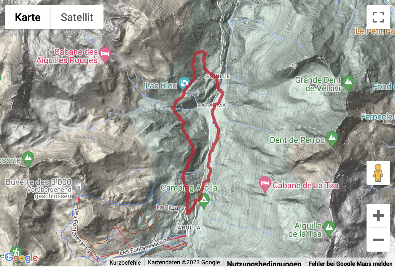 Übersichts-Routenkarte für die Bergwanderung im Val d'Arolla zum Lac Bleu