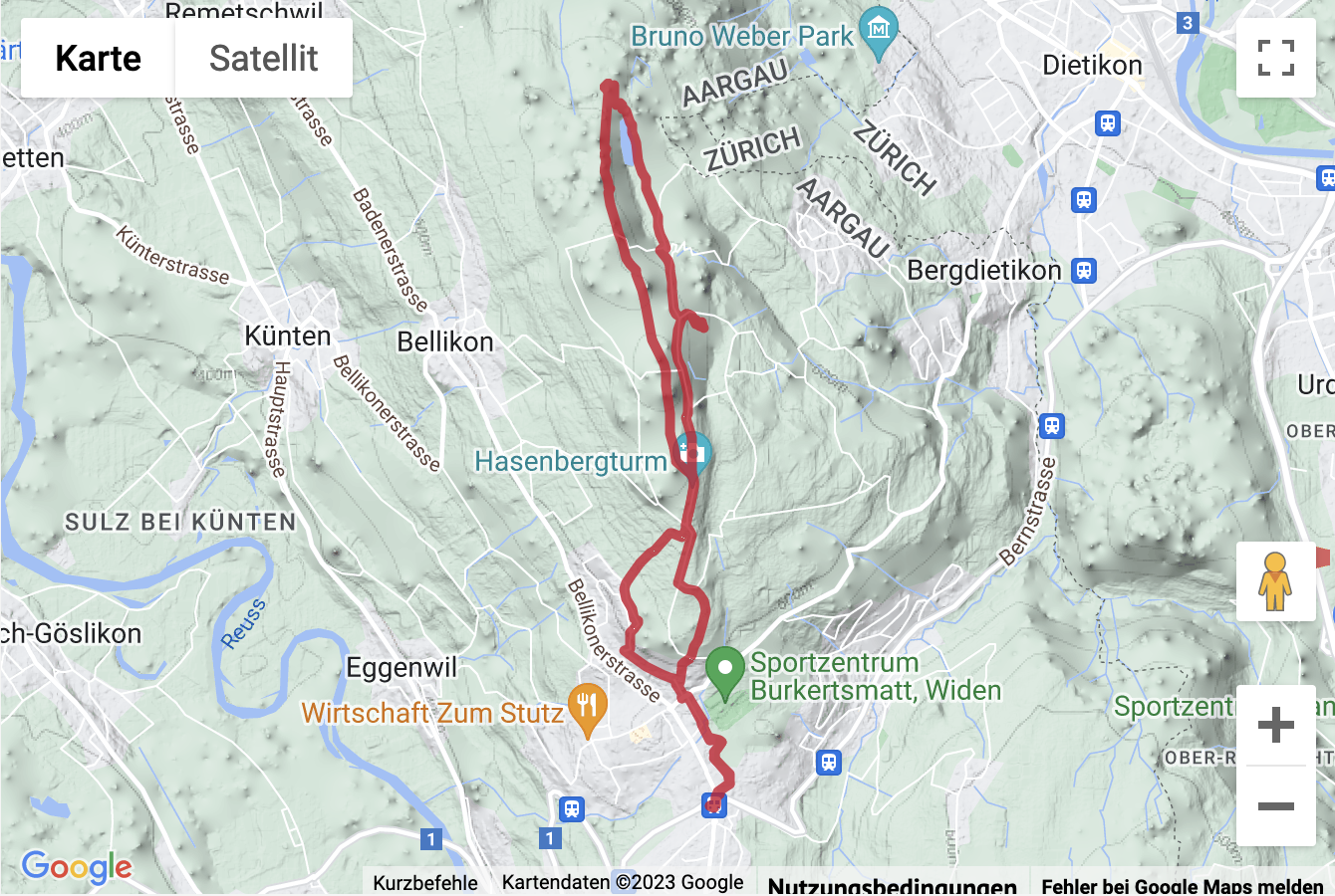 Übersichts-Routenkarte für die Rundwanderung vom Mutschellen über den Heitersberg