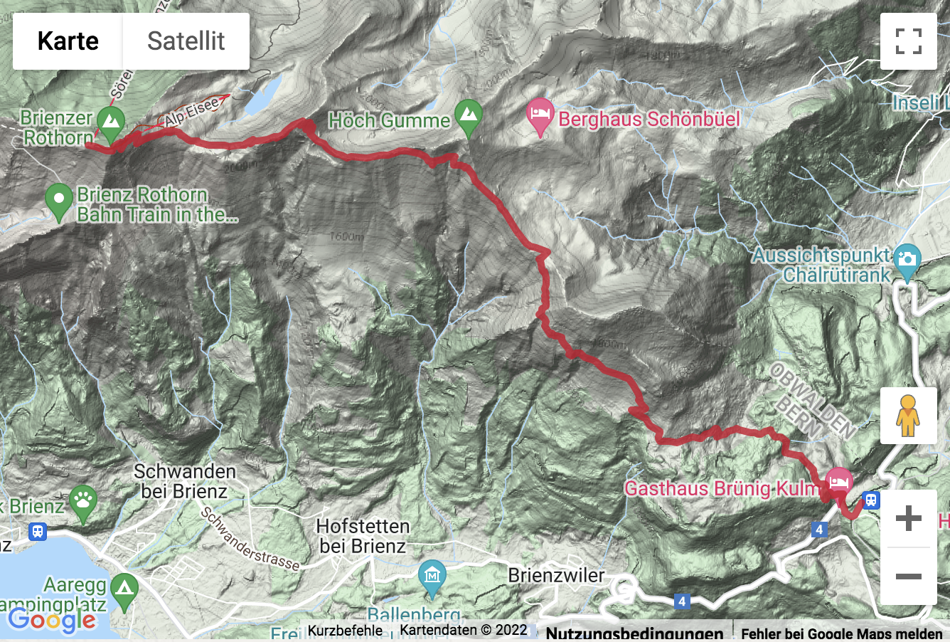 Übersichts-Routenkarte für die Panoramawanderung vom Brienzer Rothorn zum Brünigpass