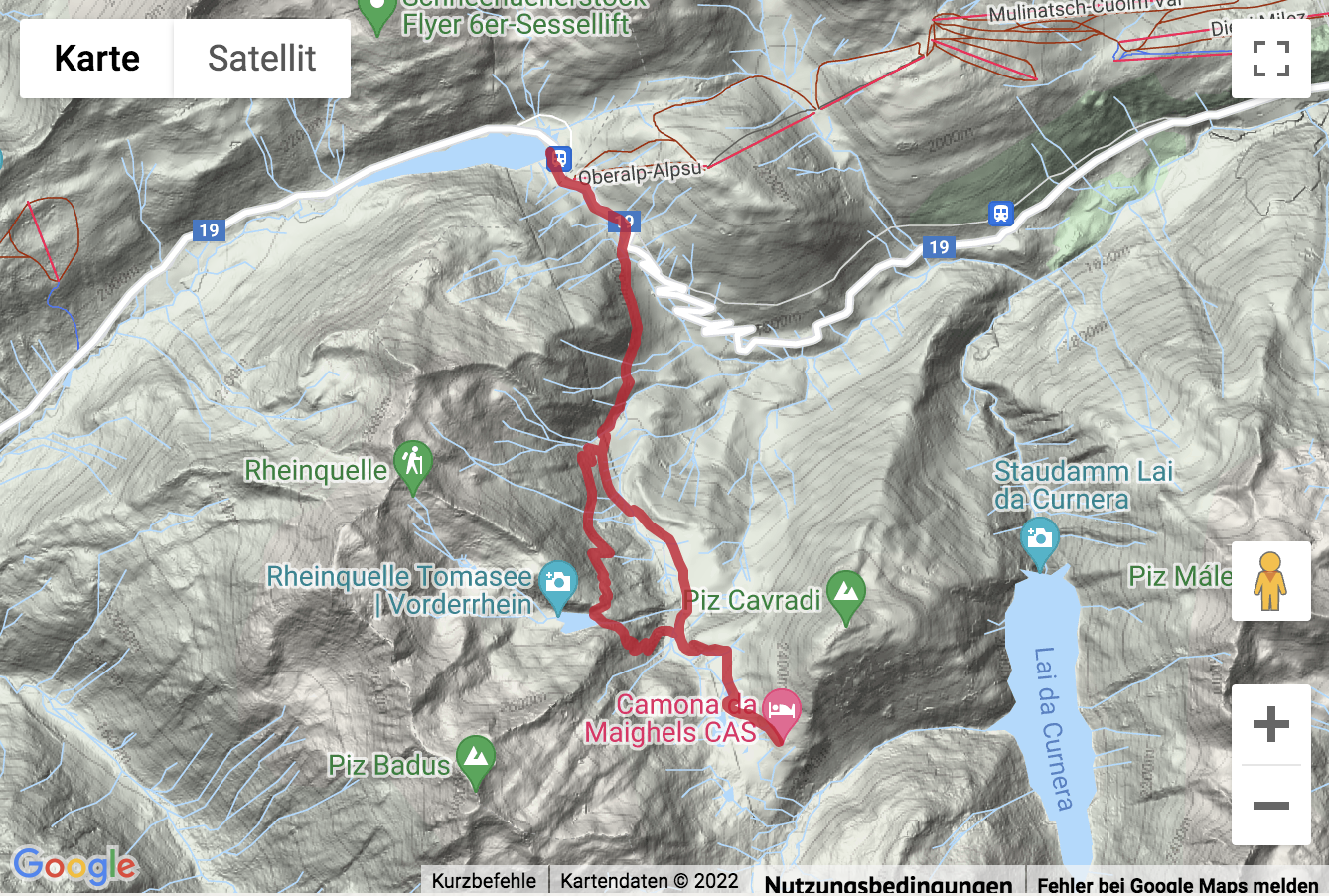 Carte de situation avec l'itinéraire pour la Bergwanderung vom Oberalppass zur Rheinquelle am Tomasee