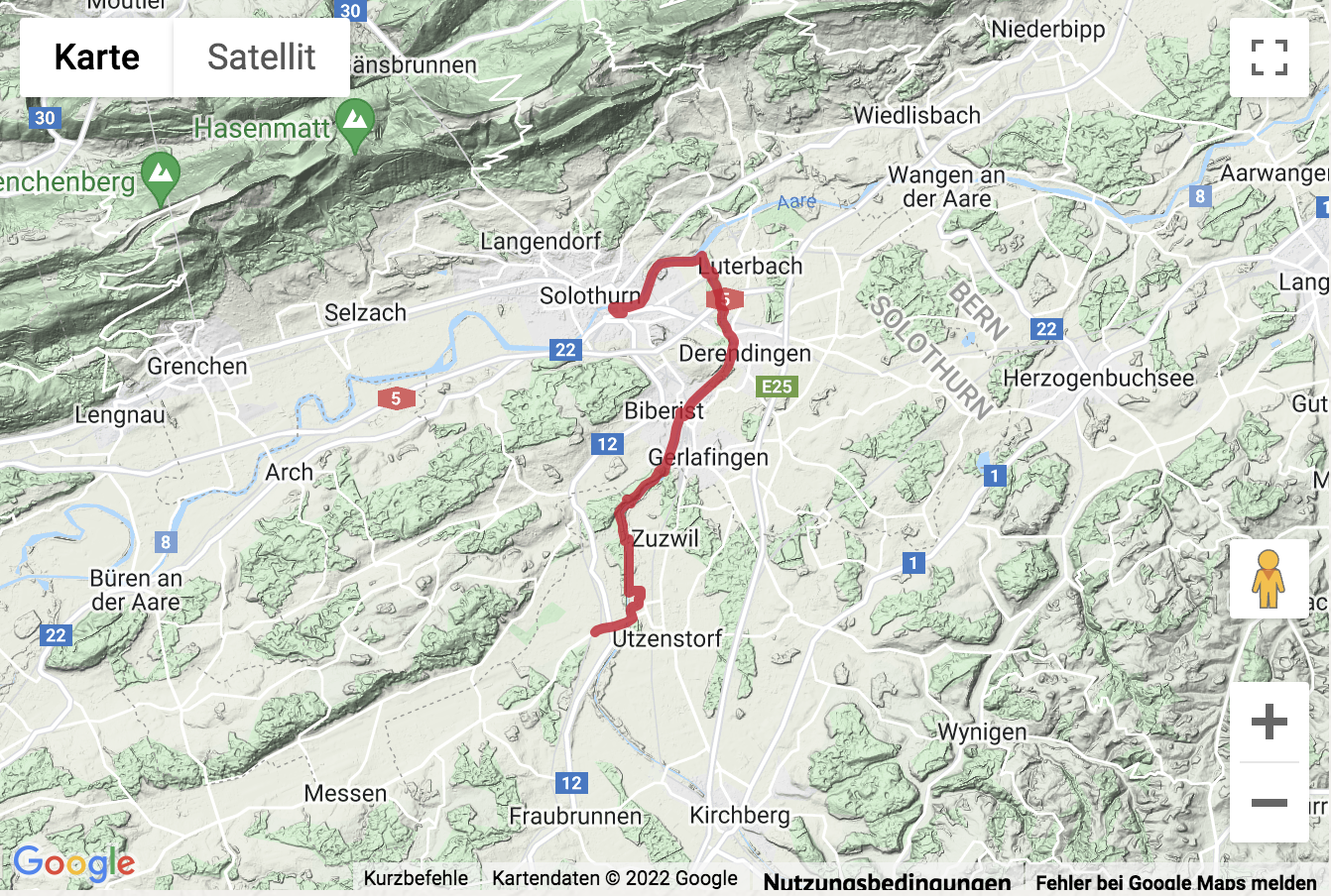 Carte de situation avec l'itinéraire pour la Flachwanderung dem Unterlauf der Emme entlang