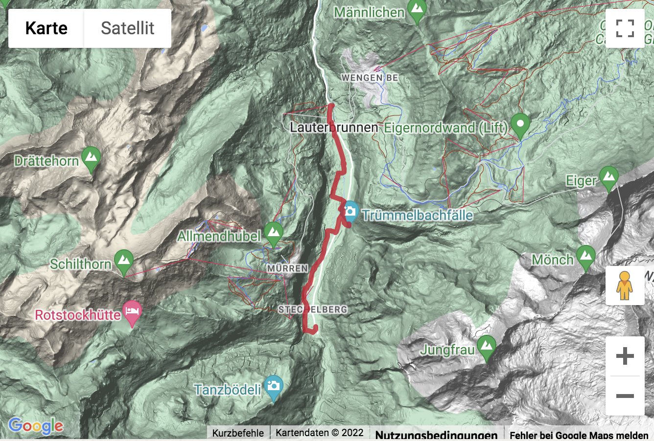 Übersichts-Routenkarte für die Wanderung von Stechelberg zu den Trümmelbachfällen