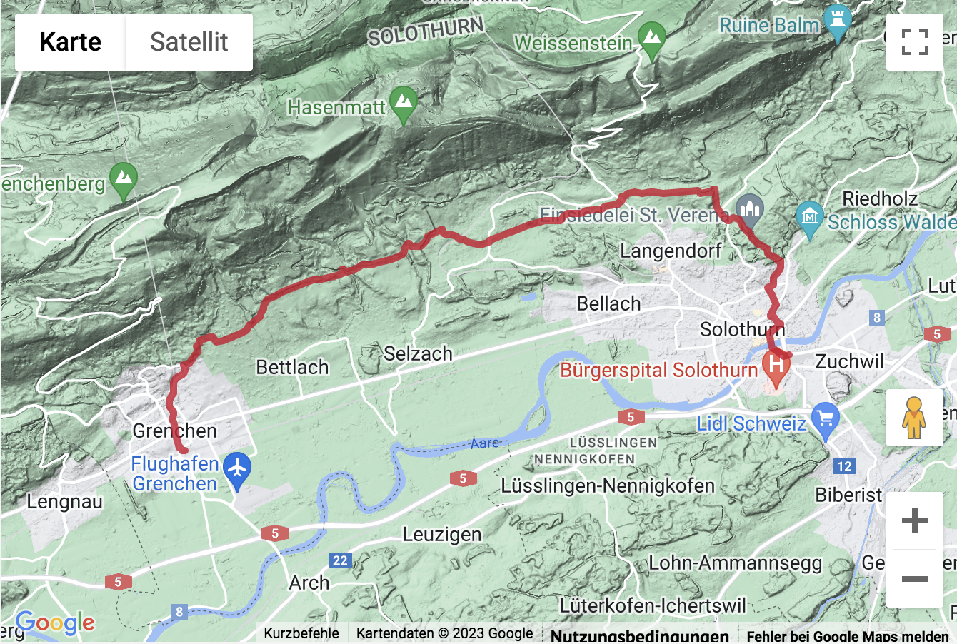 Carte de situation avec l'itinéraire pour la Wanderung Solothurn - Verenaschlucht - Grenchen