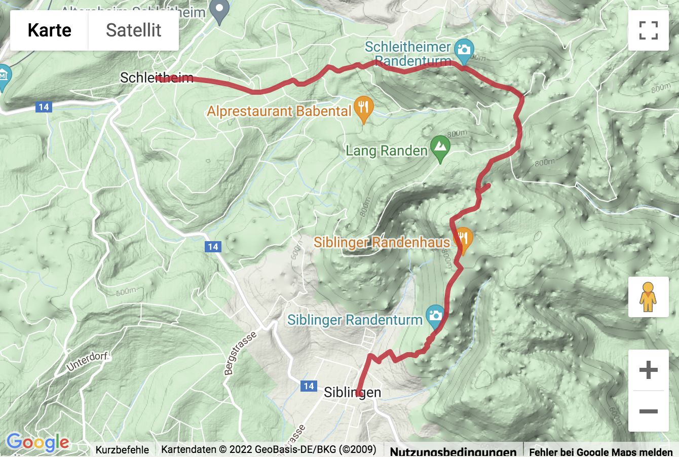 Carte de situation avec l'itinéraire pour la Randonnée dans les forêts du Randen
