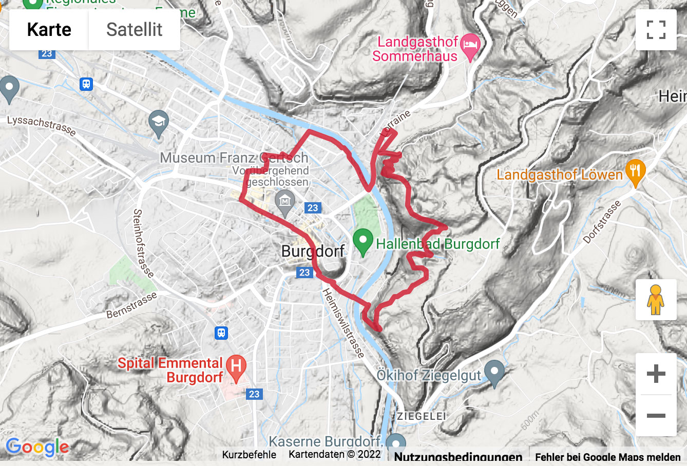 Carte de situation avec l'itinéraire pour la Wanderung von Burgdorf über die Gysnauflüe