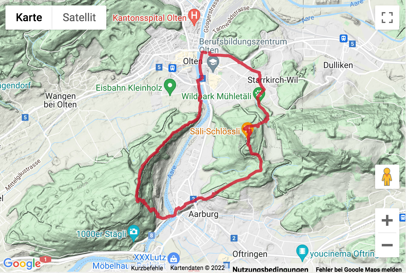 Carte de situation avec l'itinéraire pour la Wanderung zum Säli-Schlössli und über den Born